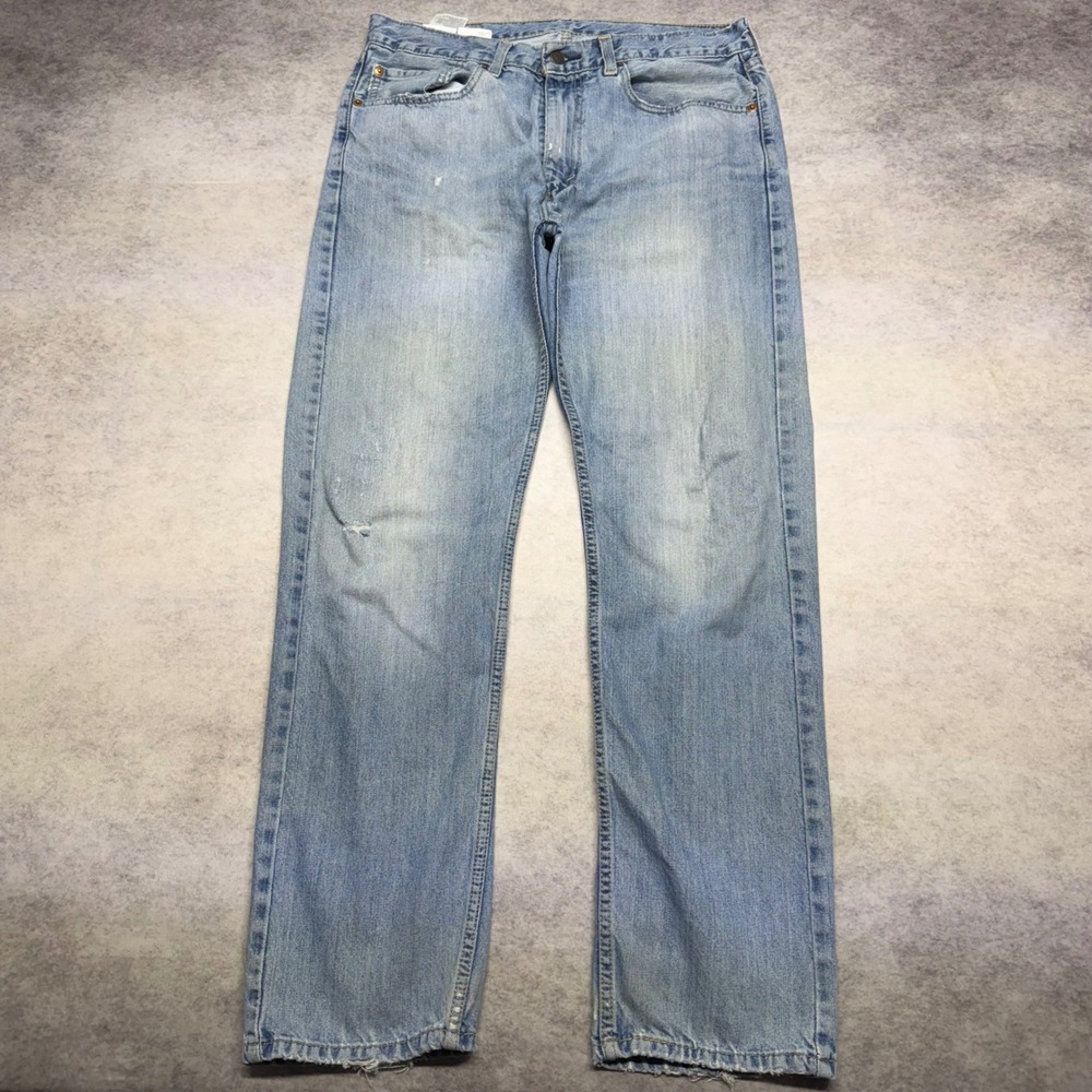 Levis 505 Regular Fit Mens 34x32 Light Wash Distressed Straight Leg Denim Jeans - Picture 2 of 14